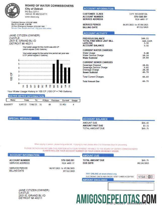 imprimível Modelo de conta de serviços públicos do Conselho de Comissários de Água dos EUA em formatos Word e PDF